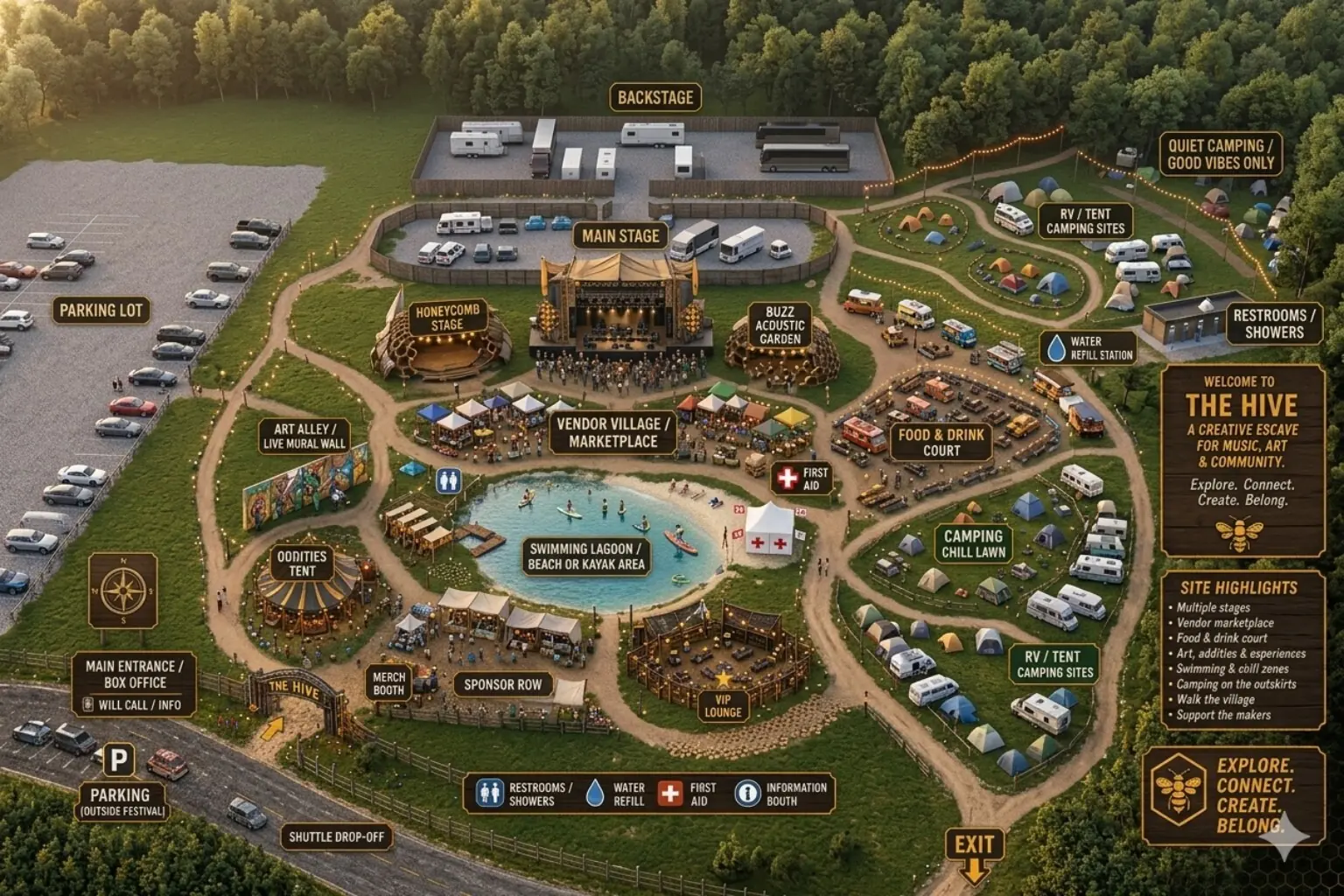Illustrated concept site map for The Hive festival